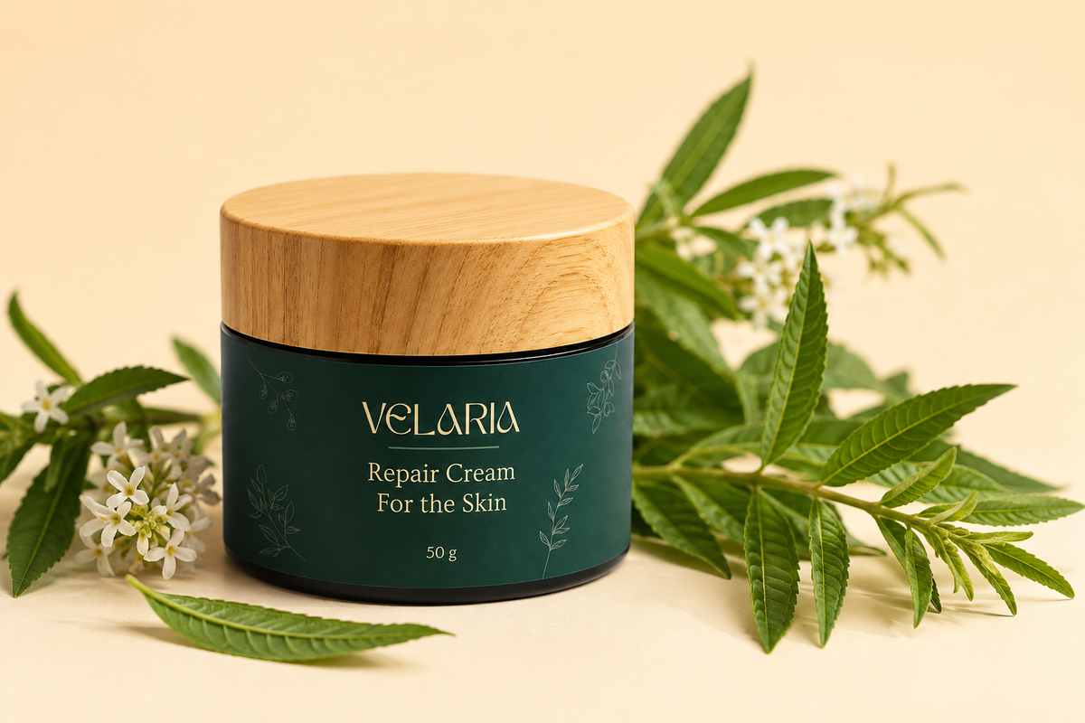 Velaria Repair Cream with lemon verbena leaves, used for lemon verbena essential oil for skin