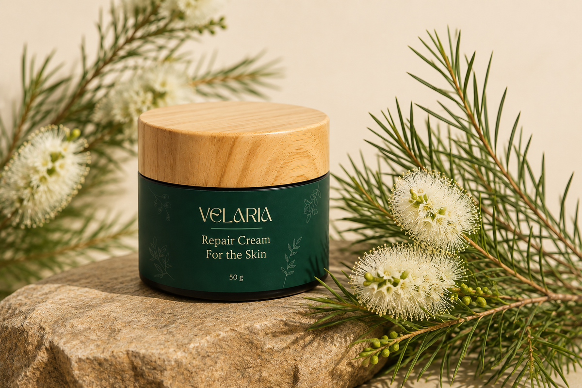 Velaria Repair Cream with tea tree leaves, the source of tea tree essential oil for skin